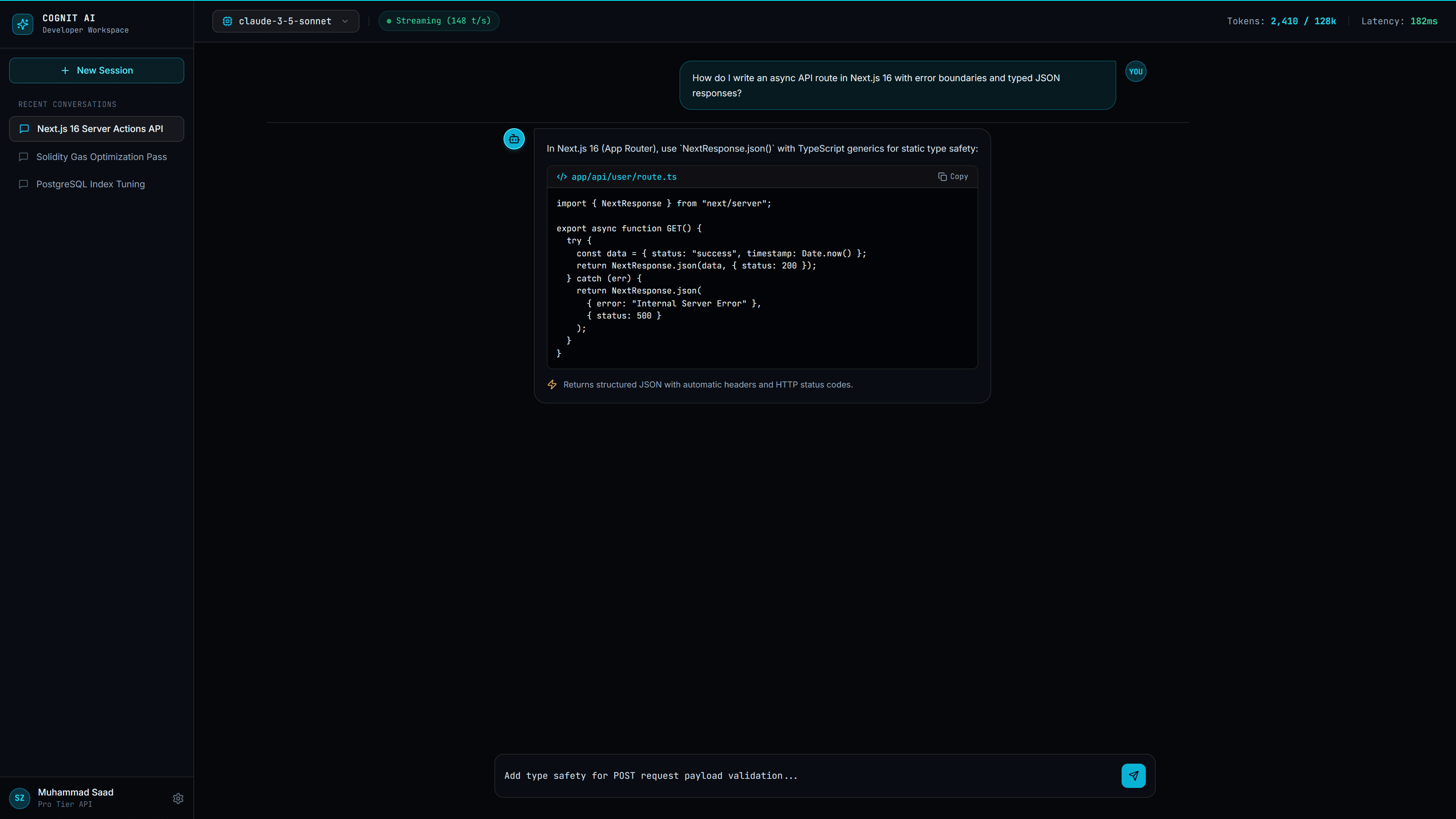 Cognit AI Chat Dashboard interface screenshot